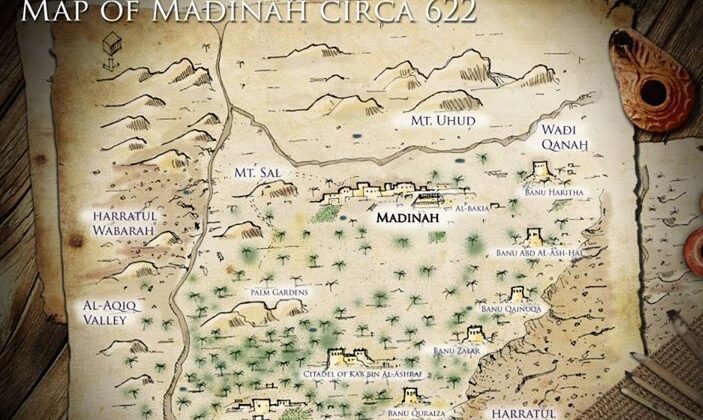 Hand-drawn map of ancient Yathrib, showcasing the oasis town layout before it became known as Medina